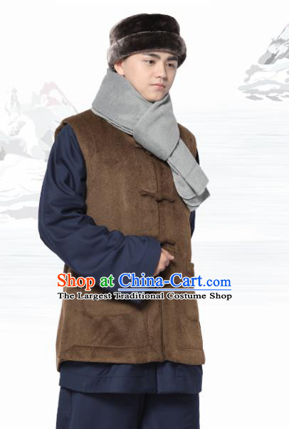 Chinese Traditional Winter Brown Vest Costume Meditation Garment Lay Buddhist Waistcoat for Men