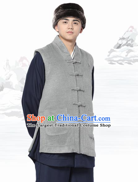 Chinese Traditional Winter Grey Vest Costume Meditation Garment Lay Buddhist Waistcoat for Men