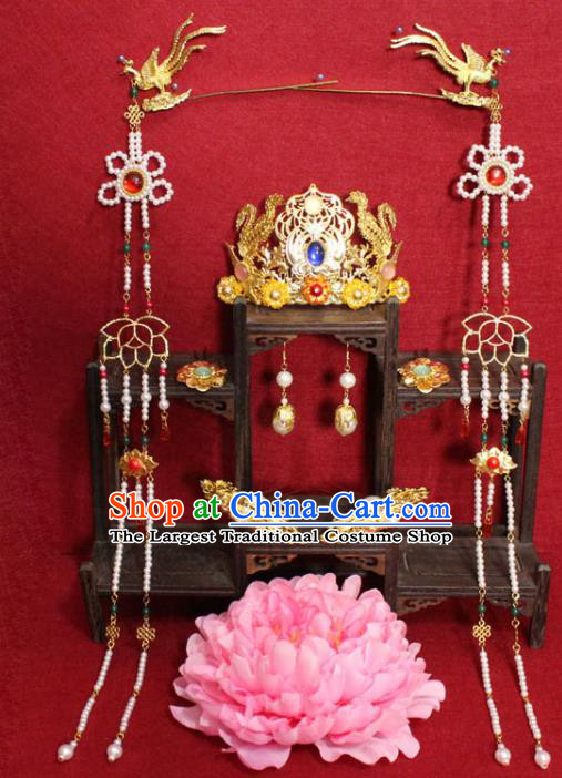 Traditional Chinese Ancient Empress Beads Tassel Hairpins Hair Accessories Phoenix Coronet Handmade Hair Jewelery Hair Fascinators for Women