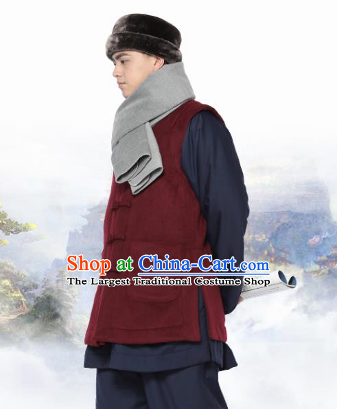 Chinese Traditional Winter Wine Red Vest Costume Meditation Garment Lay Buddhist Waistcoat for Men