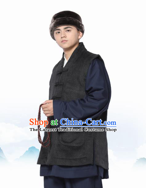 Chinese Traditional Winter Deep Grey Vest Costume Meditation Garment Lay Buddhist Waistcoat for Men