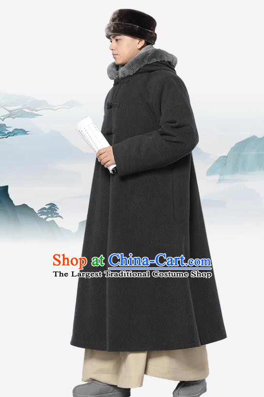 Chinese Traditional Winter Black Woolen Cloak Costume Lay Buddhist Clothing Meditation Garment Dust Coat for Men