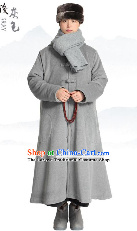 Chinese Traditional Winter Grey Woolen Cloak Costume Lay Buddhist Clothing Meditation Garment Dust Coat for Men