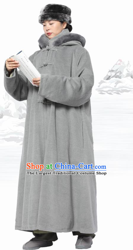 Chinese Traditional Winter Grey Woolen Cloak Costume Lay Buddhist Clothing Meditation Garment Dust Coat for Men