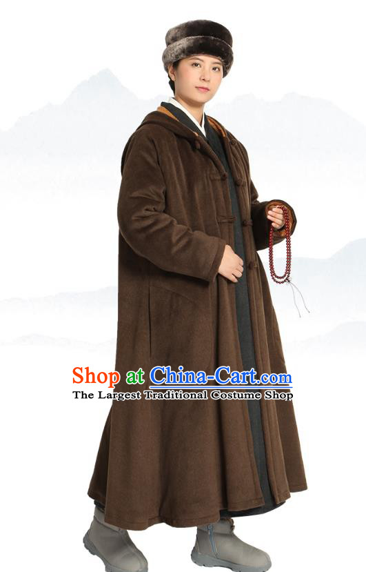 Chinese Traditional Winter Brown Woolen Cloak Costume Lay Buddhist Clothing Meditation Garment Dust Coat for Men