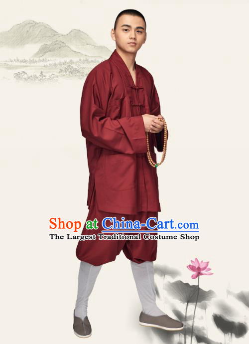 Chinese Traditional Meditation Garment Buddhist Bonze Costume Monk Dark Red Short Gown and Pants for Men