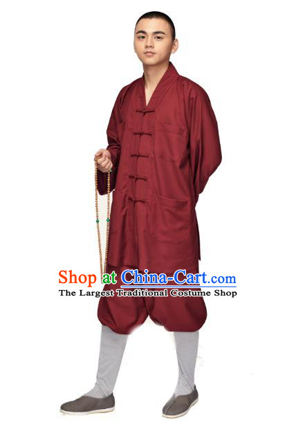 Chinese Traditional Meditation Garment Buddhist Bonze Costume Monk Dark Red Short Gown and Pants for Men