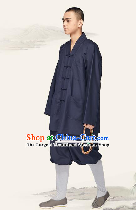 Chinese Traditional Meditation Garment Buddhist Bonze Costume Monk Navy Short Gown and Pants for Men