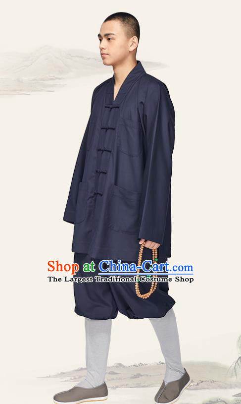 Chinese Traditional Buddhist Bonze Costume Meditation Garment Monk Navy Gown and Pants for Men