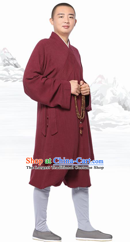 Chinese Traditional Monk Wine Red Short Gown and Pants Meditation Garment Buddhist Costume for Men