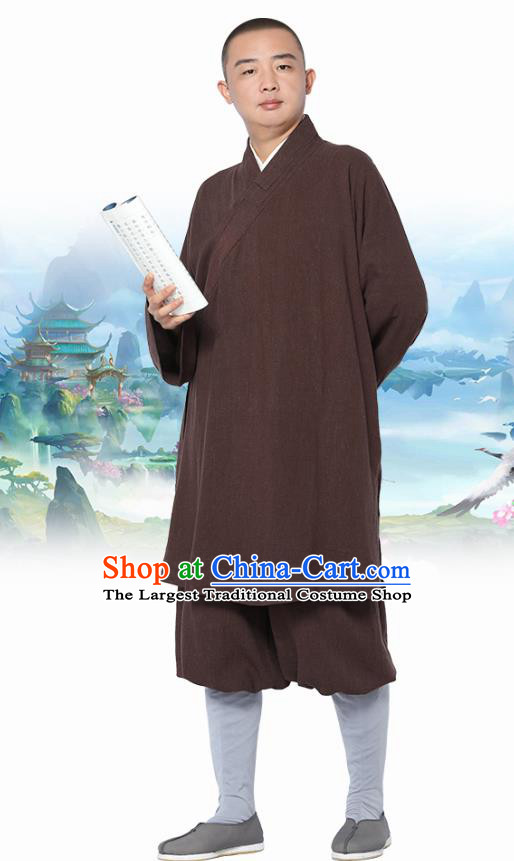 Chinese Traditional Monk Brown Short Gown and Pants Meditation Garment Buddhist Costume for Men