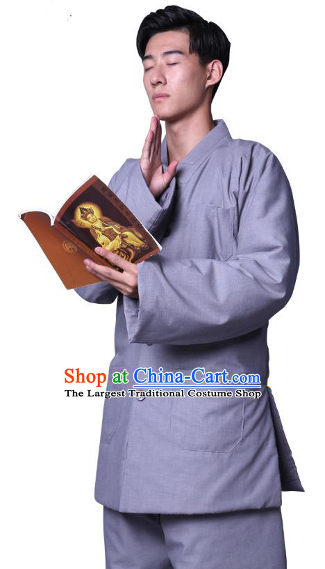Chinese Winter Buddhist Monk Costume Traditional Meditation Garment Bonze Clothing Grey Cotton Wadded Coat and Pants for Men