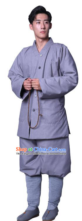 Chinese Winter Buddhist Monk Costume Traditional Meditation Garment Bonze Clothing Grey Cotton Wadded Coat and Pants for Men