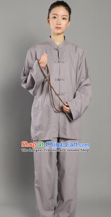 Chinese Lay Buddhist Dress Costume Traditional Meditation Garment Clothing Grey Blouse and Pants for Women