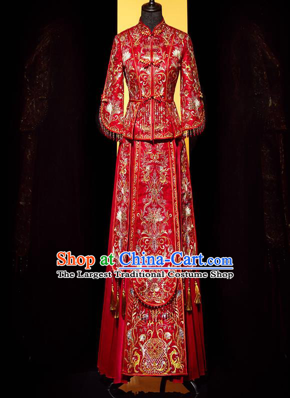Top Grade Chinese Traditional Wedding Costumes Ancient Bride Red Beads Tassel Xiuhe Suit Toast Dress for Women