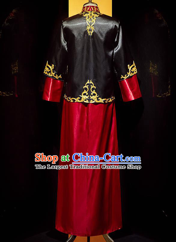 Chinese Handmade Bridegroom Embroidered Costume Traditional Wedding Garment Clothing Tang Suit Black Mandarin Jacket and Robe for Men