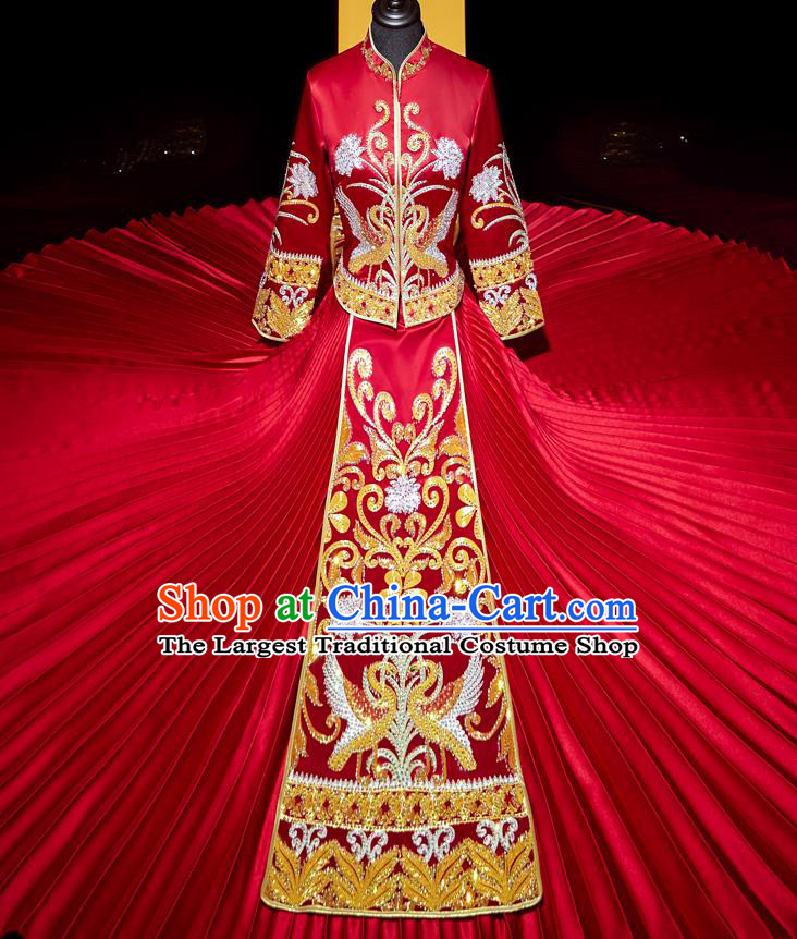 Top Grade Chinese Traditional Wedding Costumes Ancient Bride Diamante Xiuhe Suit Toast Red Dress for Women