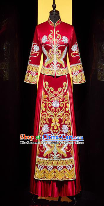 Top Grade Chinese Traditional Wedding Costumes Ancient Bride Diamante Xiuhe Suit Toast Red Dress for Women