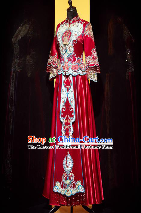 Top Grade Chinese Traditional Wedding Embroidered Costumes Ancient Bride Xiuhe Suit Toast Red Beads Tassel Dress for Women