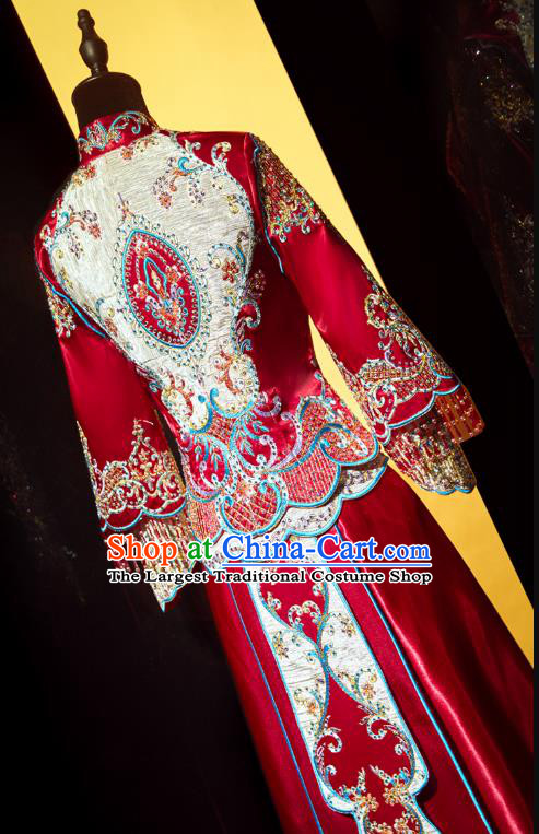 Top Grade Chinese Traditional Wedding Embroidered Costumes Ancient Bride Xiuhe Suit Toast Red Beads Tassel Dress for Women