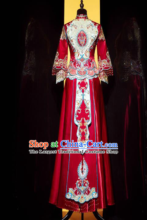 Top Grade Chinese Traditional Wedding Embroidered Costumes Ancient Bride Xiuhe Suit Toast Red Beads Tassel Dress for Women