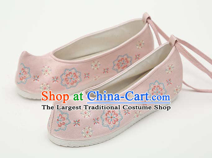 Chinese Handmade Pink Embroidered Shoes Traditional Ming Dynasty Female Bow Shoes Hanfu Shoes Ancient Princess Shoes