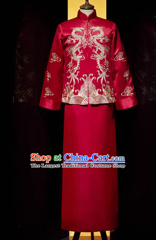 Chinese Bridegroom Embroidered Costume Traditional Wedding Garment Clothing Tang Suit Red Mandarin Jacket and Robe for Men