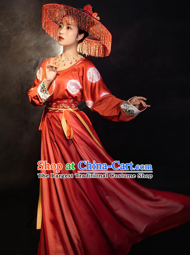 Chinese Ancient Tang Dynasty Young Lady Red Hanfu Dress Traditional Garment Nobility Female Historical Costumes for Women