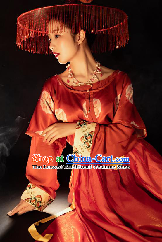Chinese Ancient Tang Dynasty Young Lady Red Hanfu Dress Traditional Garment Nobility Female Historical Costumes for Women