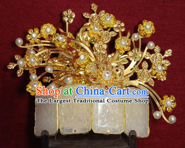 Traditional Chinese Handmade Jade Hair Crown Ancient Princess Hair Accessories Golden Hairpin Hair Comb for Women