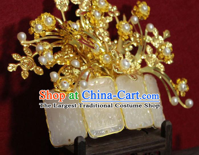 Traditional Chinese Handmade Jade Hair Crown Ancient Princess Hair Accessories Golden Hairpin Hair Comb for Women