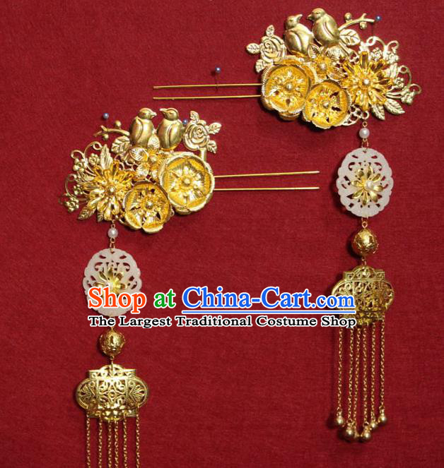 Traditional Chinese Handmade Jade Tassel Hairpins Ancient Princess Hair Accessories Golden Hair Clips for Women