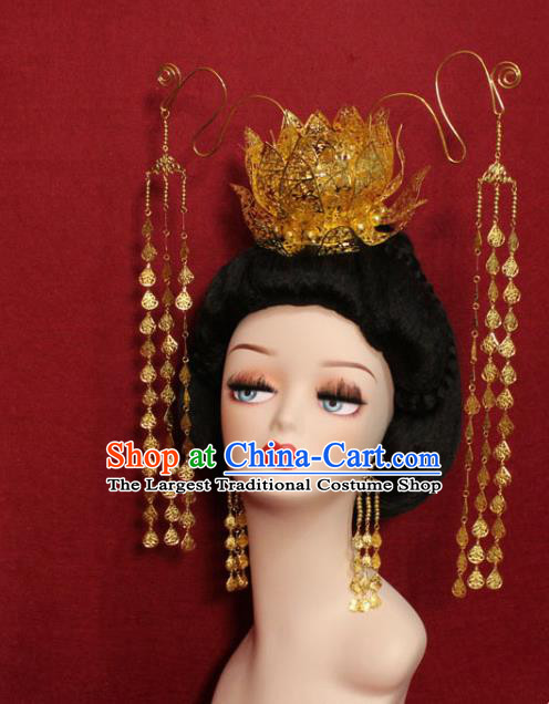 Traditional Chinese Ancient Empress Golden Lotus Tassel Phoenix Coronet Handmade Hair Jewelry Hair Accessories Hair Fascinators for Women