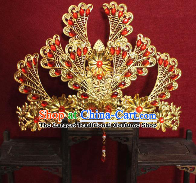 Traditional Chinese Handmade Red Crystal Phoenix Hairpins Ancient Queen Golden Tassel Hair Crown Hair Accessories for Women
