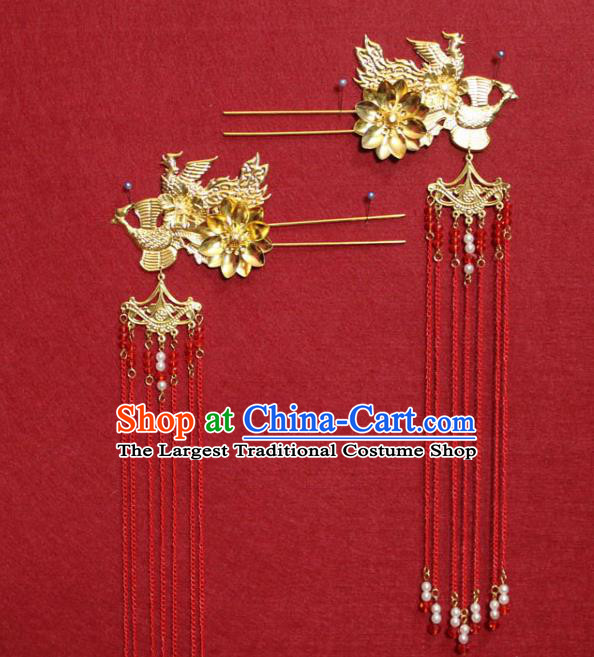 Traditional Chinese Handmade Red Tassel Hairpins Ancient Queen Golden Phoenix Hair Clip Hair Accessories for Women