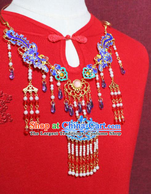 Traditional Chinese Ancient Princess Cloisonne Necklace Handmade Jewelry Accessories Pearls Phoenix Tassel Necklet for Women