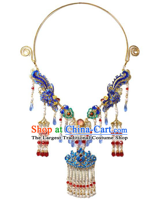 Traditional Chinese Ancient Princess Cloisonne Necklace Handmade Jewelry Accessories Pearls Phoenix Tassel Necklet for Women