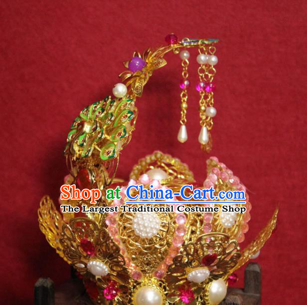 Traditional Chinese Handmade Pink Crystal Hair Crown Ancient Queen Hair Accessories Golden Cloisonne Phoenix Coronet for Women