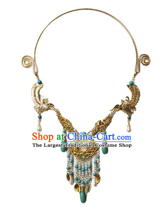 Traditional Chinese Ancient Princess Golden Phoenix Necklace Handmade Jewelry Accessories Longevity Lock Tassel Necklet for Women