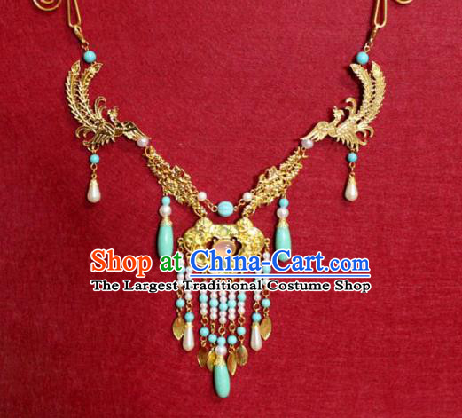 Traditional Chinese Ancient Princess Golden Phoenix Necklace Handmade Jewelry Accessories Longevity Lock Tassel Necklet for Women