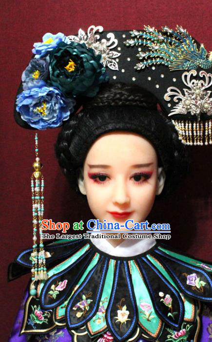 Chinese Ancient Qing Dynasty Queen Hair Jewelry Traditional Handmade Hairpins Hair Accessories Blue Peony Phoenix Coronet Complete Set