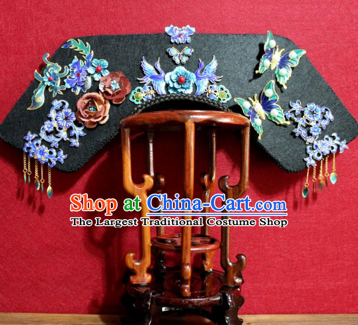 Chinese Ancient Qing Dynasty Queen Hair Jewelry Traditional Handmade Hairpins Hair Accessories Cloisonne Crane Butterfly Phoenix Coronet Complete Set
