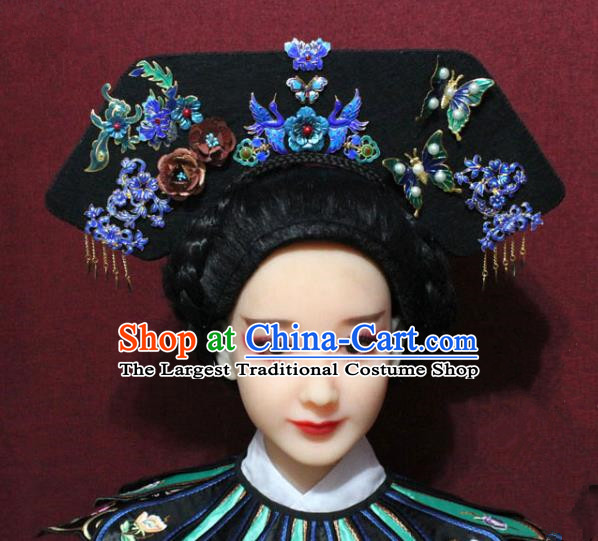 Chinese Ancient Qing Dynasty Queen Hair Jewelry Traditional Handmade Hairpins Hair Accessories Cloisonne Crane Butterfly Phoenix Coronet Complete Set