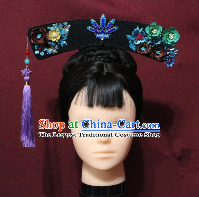 Chinese Ancient Imperial Consort Purple Tassel Cloisonne Phoenix Coronet Hair Jewelry Traditional Handmade Hairpins Qing Dynasty Queen Hair Accessories Complete Set
