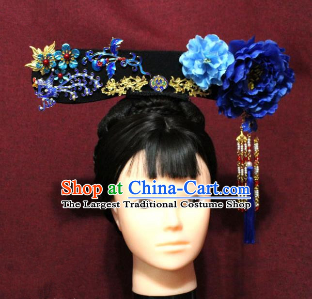 Chinese Ancient Imperial Consort Blue Peony Phoenix Coronet Hair Jewelry Traditional Handmade Hairpins Qing Dynasty Queen Hair Accessories Complete Set