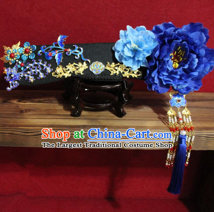 Chinese Ancient Imperial Consort Blue Peony Phoenix Coronet Hair Jewelry Traditional Handmade Hairpins Qing Dynasty Queen Hair Accessories Complete Set