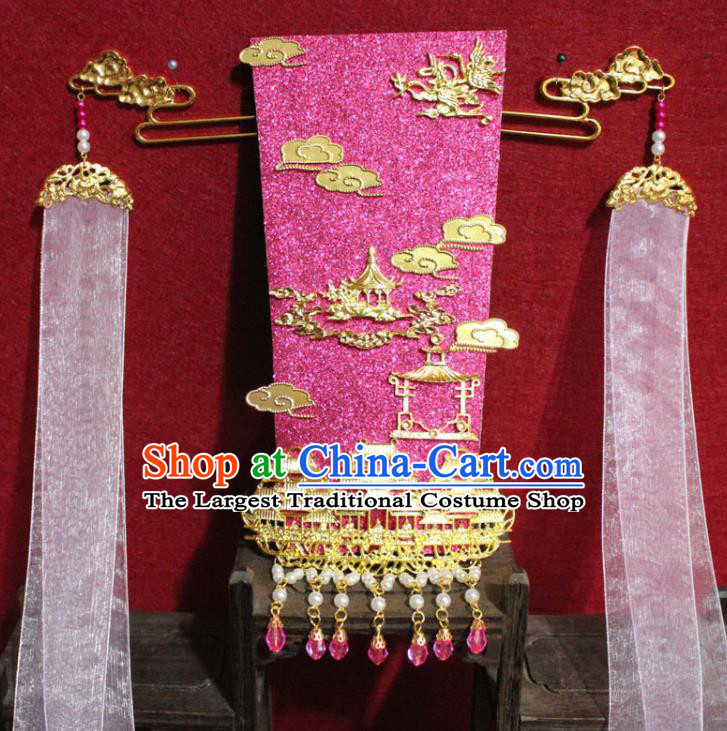 Traditional Chinese Ancient Female Official Pink Ribbon Hair Crown Handmade Hair Jewelry Taoist Nun Hair Accessories for Women