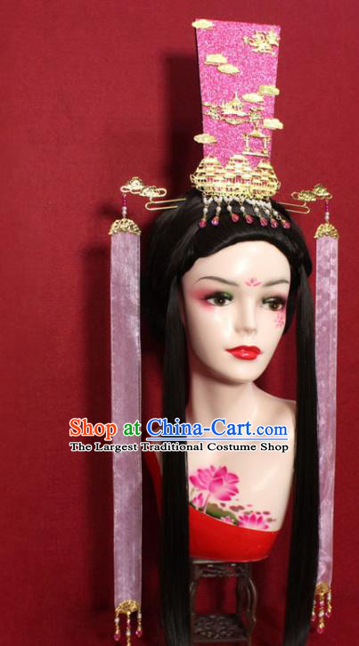 Traditional Chinese Ancient Female Official Pink Ribbon Hair Crown Handmade Hair Jewelry Taoist Nun Hair Accessories for Women