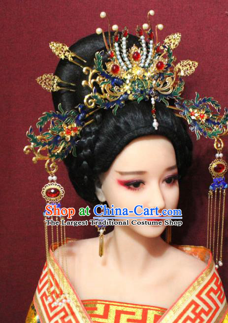 Chinese Ancient Imperial Consort Blueing Phoenix Coronet Hair Jewelry Traditional Handmade Tassel Hairpins Ming Dynasty Queen Hair Accessories Complete Set