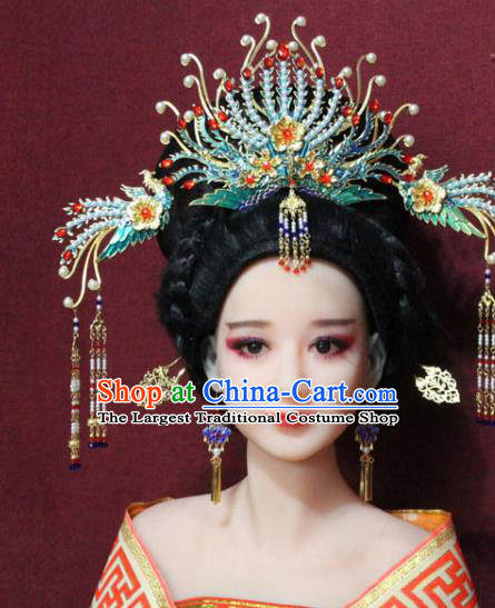 Chinese Ancient Imperial Consort Phoenix Coronet Hair Jewelry Traditional Handmade Tassel Hairpins Ming Dynasty Queen Blueing Hair Accessories Complete Set
